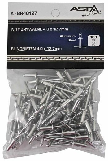 Trhací nýty hliník-ocel, 4,0 x 12,7 mm, s plochou hlavou, sada 100 ks - ASTA